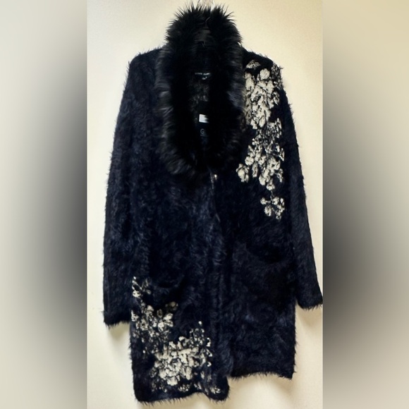 NWT; Black Rivet Faux Fur Cardigan Coat with Floral Design